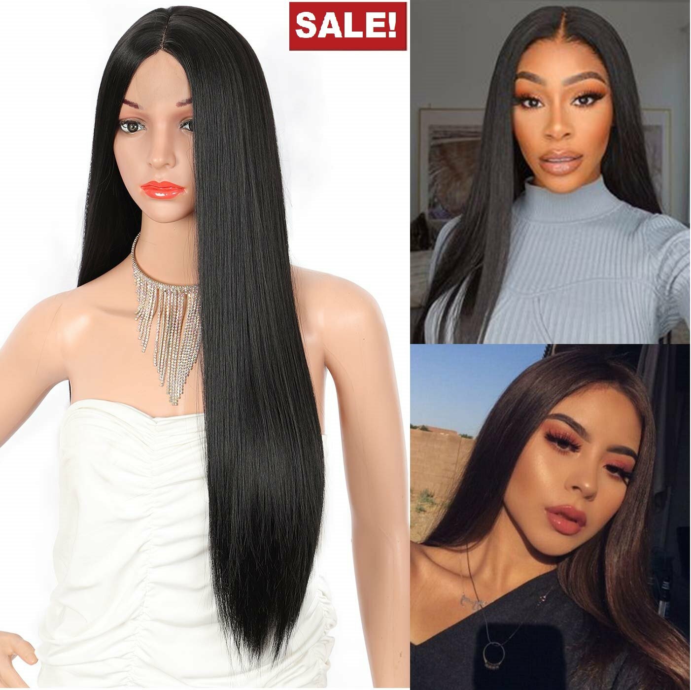 Women Black Long Straight Heat Resistant Human Hair Wig Natural Hairpiece NEW