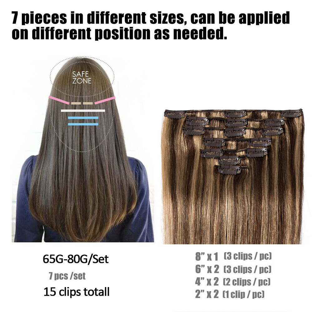 Clip in 100% Real Human Hair Extensions 8Pcs Full Head Remy Hair Ombre Balayage