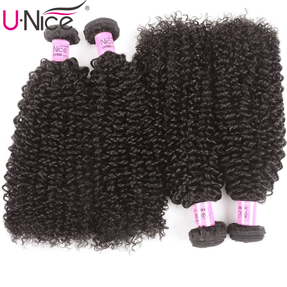 UNice Cambodian Kinky Curly Human Hair Extension Bundles with Lace Closure Weave
