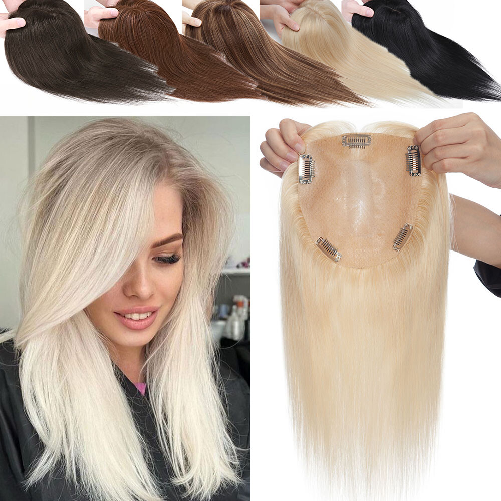 Women Clip In 100% Topper Real Virgin Human Hair Toupee Top Weft Piece Invisible