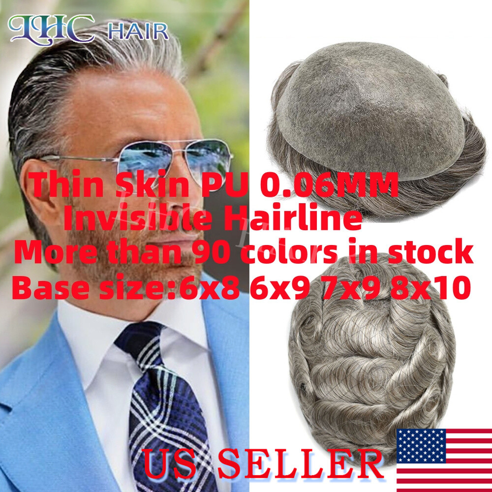 Hair System For Men Toupee Human HairPiece Thin Skin V-looped Skin PU 0.06mm Wig