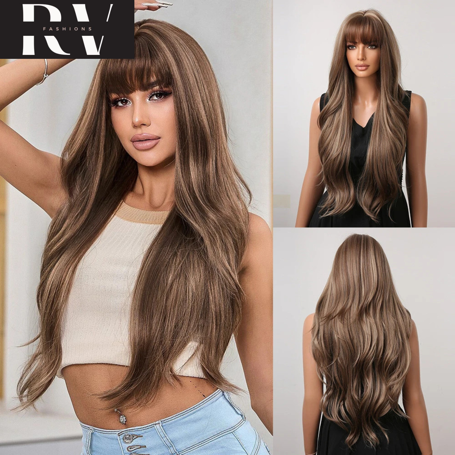 Brown Mixed Blonde Wigs with Bang Long Natural Wavy Hair Wig for Black Women NEW