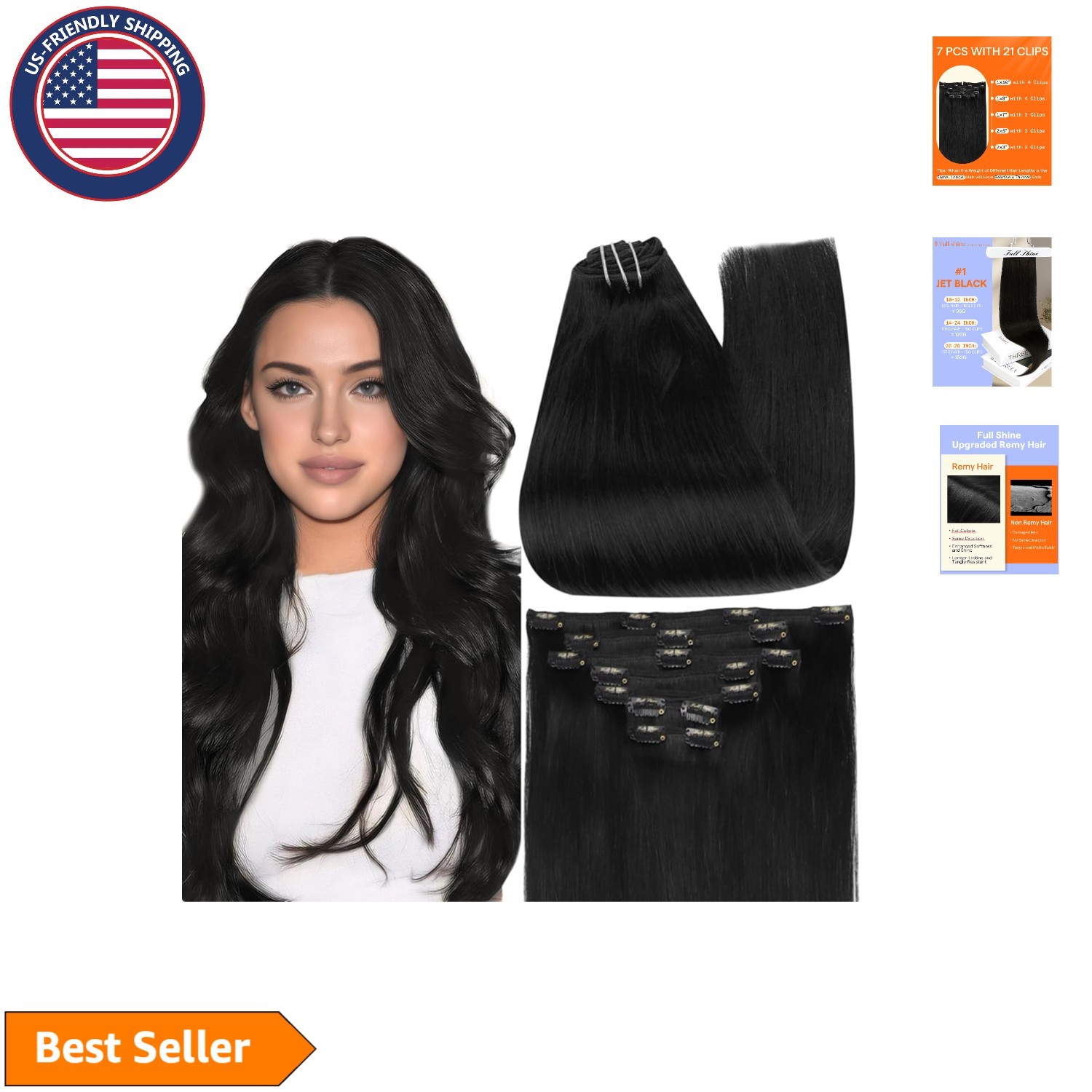 Seamless Clip-In Extensions – 24” Remy Human Hair in Rich Jet Black, 7 Pieces