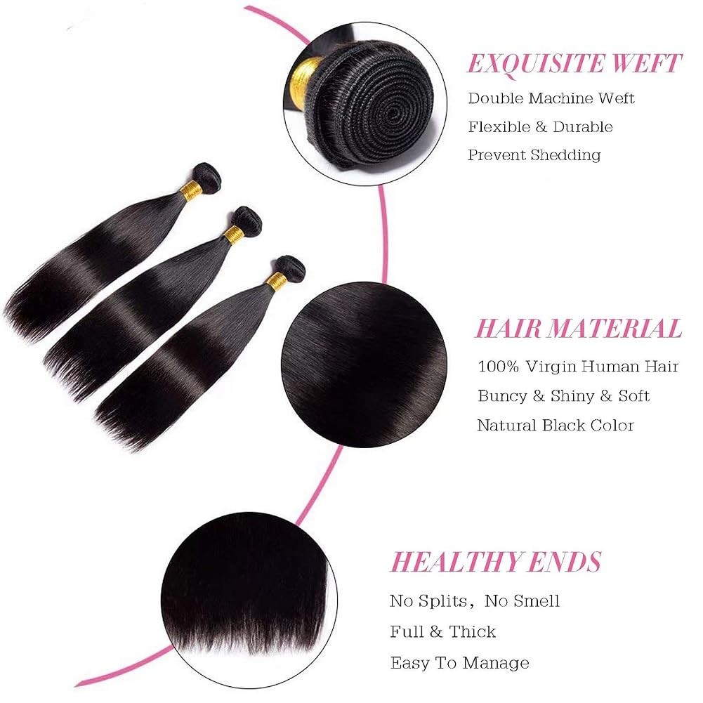 Straight Human Hair 3 Bundles 16 18 20 inches Brazilian Virgin 100% Unprocessed
