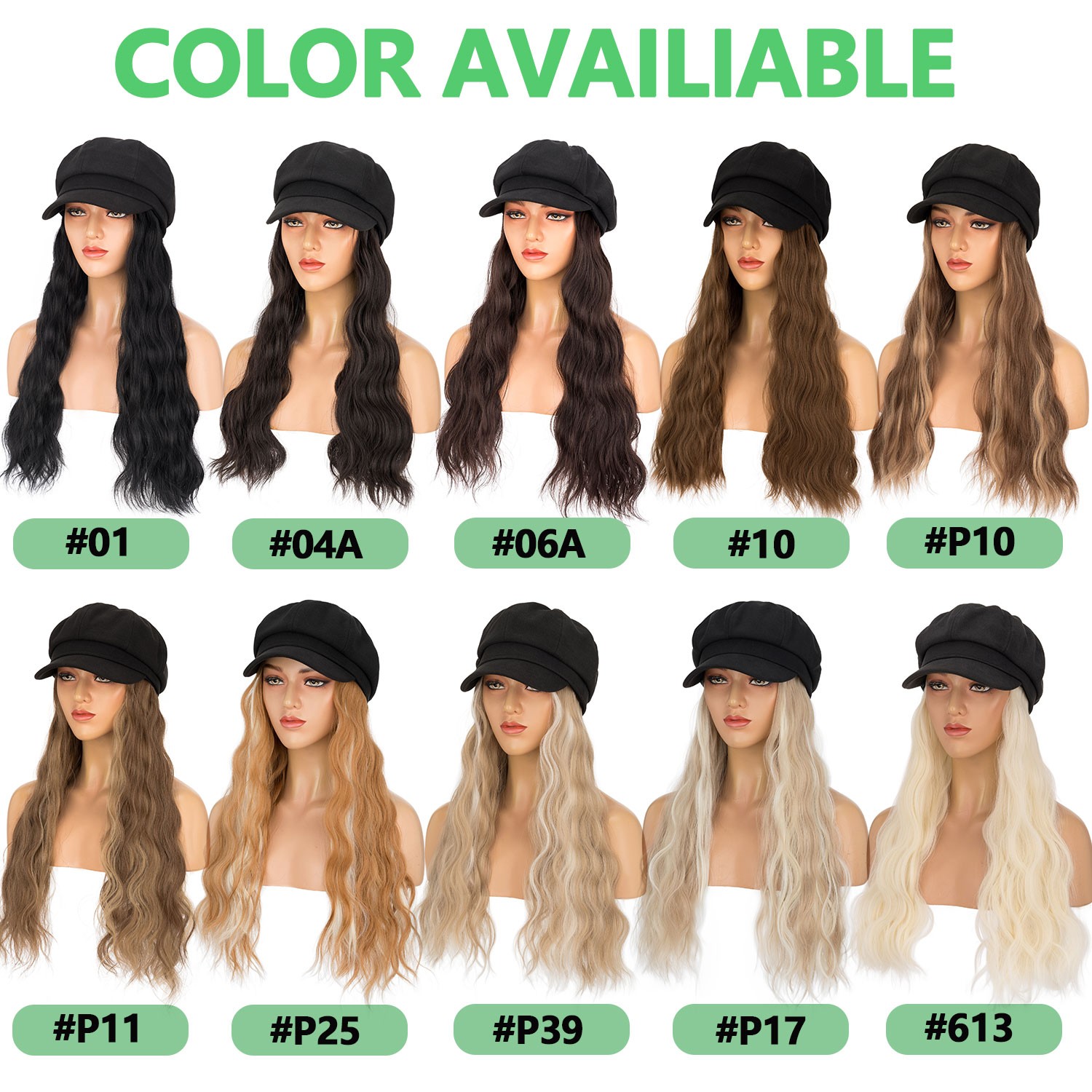 Fashion Wavy Hair Extensions With Attached Black Beret Hat Synthetic Hairpiece M