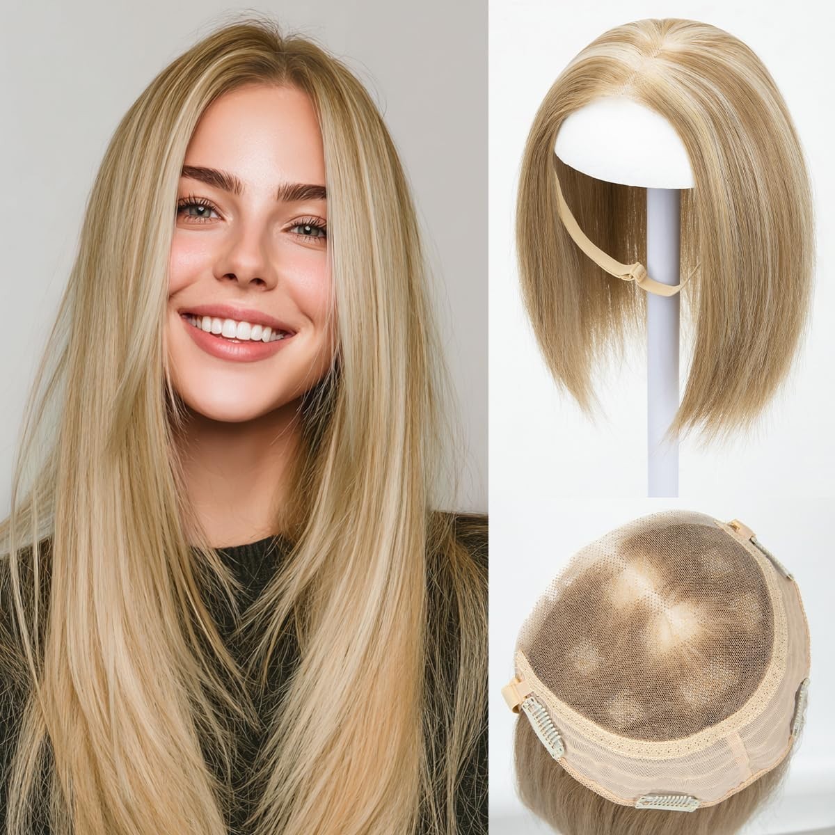 Challeam 12 Inch Lace Front Hair Topper with Band Champagne Synthetic Straight