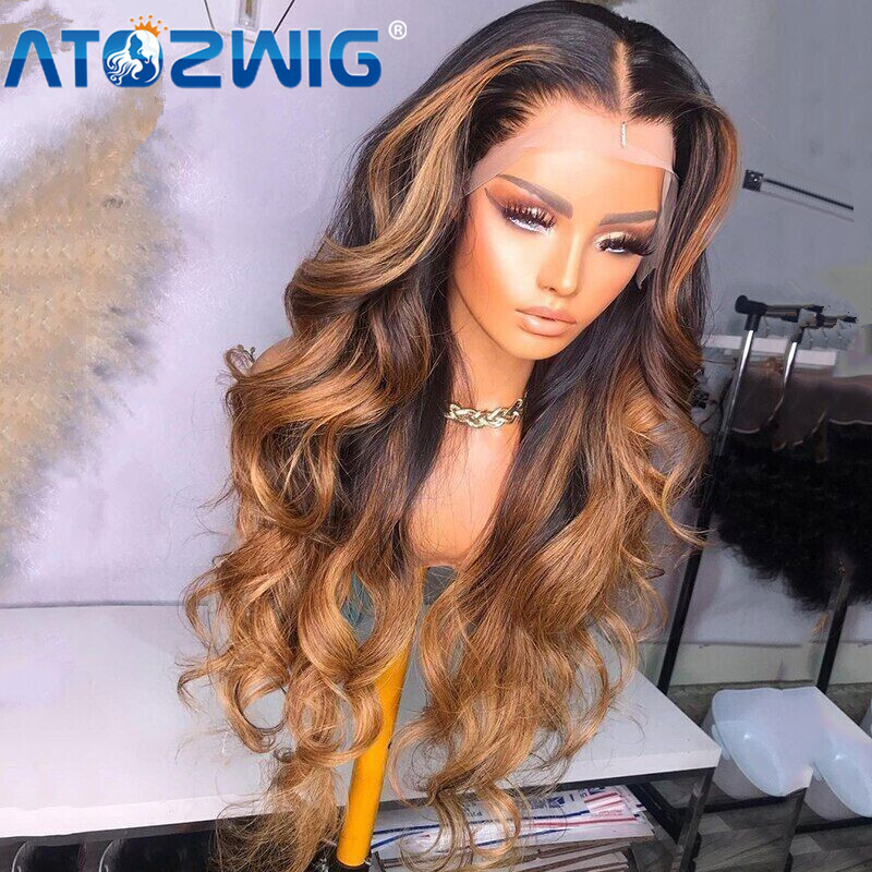 Highlight Brown Ombre Body Wave Lace Front Brazilian Human Hair Wig Glueless Wig