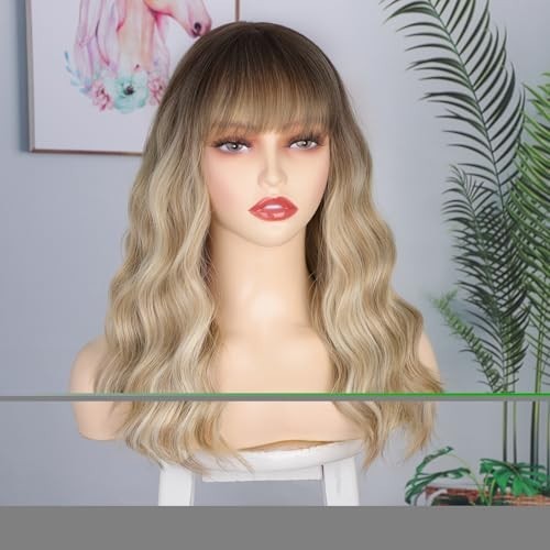 Blonde Wig with Bangs – 20″ Long Wavy Curly Heat Resistant Synthetic Hair for Pa