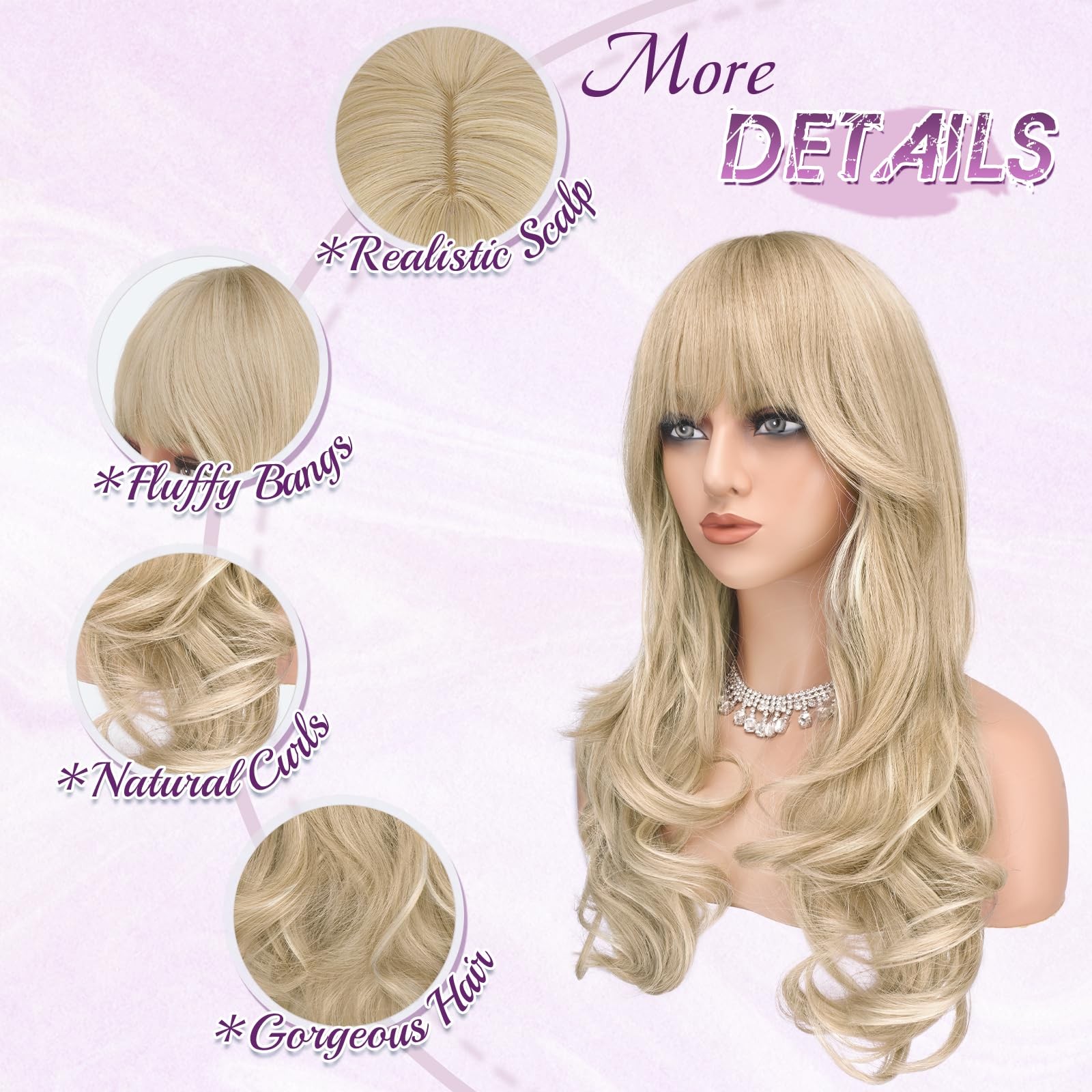 Blonde Wigs with Bangs Long Wavy Layered Haircut Natural Looking Fluffy Synth…