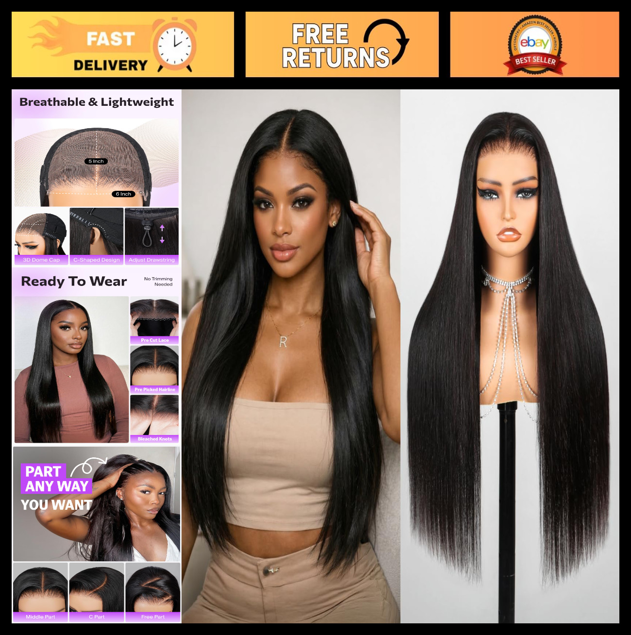 22″ Straight Human Hair Lace Front Wig – Glueless, Pre-Plucked HD Lace, Bleached