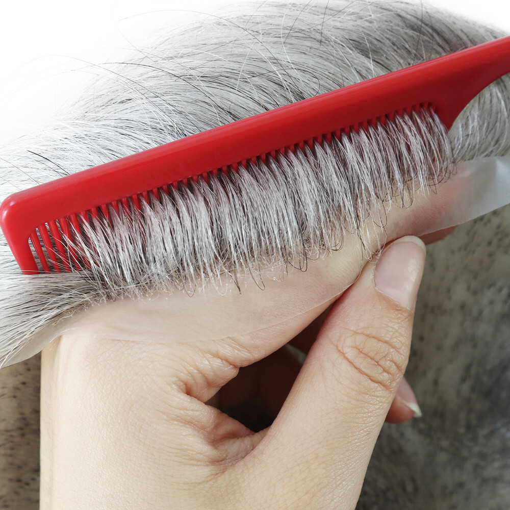 Mens Toupee Thin Skin Hair Replacement System Human Grey Hair BIO 8X10 #1B80