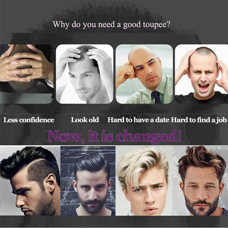 9A Remy Men Toupee Hairpiece Human Hair Replacement Wig Full Poly PU Micro Skin