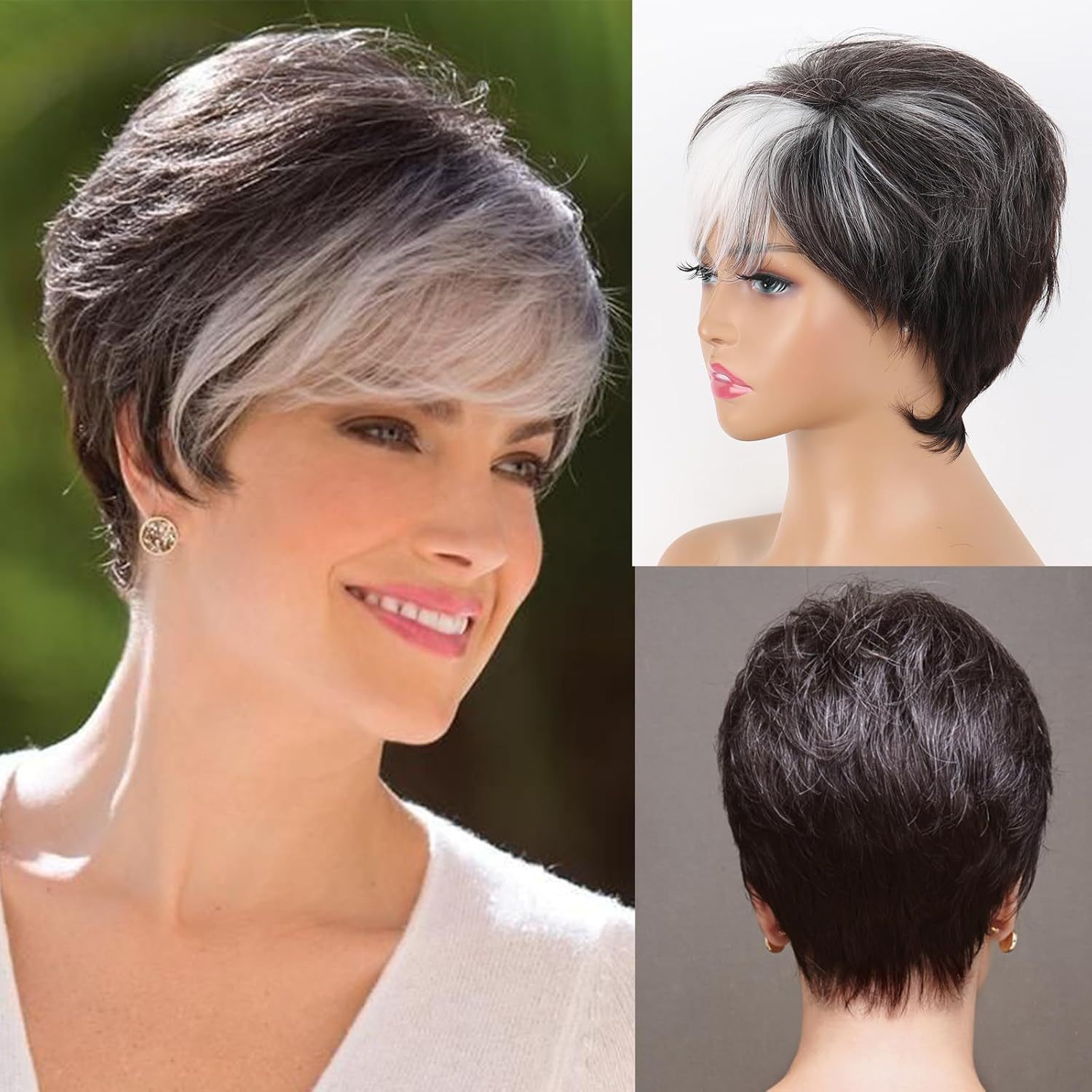 Brown Short Synthetic Full Wig With White Bangs Fashion Trend Wig for Women