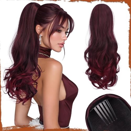 Drawstring Ponytail Extension for Women 24 Inch Comb Clip in Ombre Wine Red