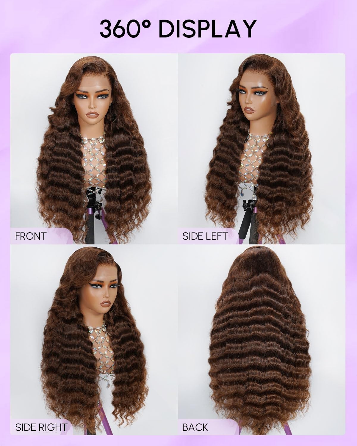 28″ Chocolate Brown Deep Wave Lace Front Wig, 200% Density, HD Lace, Curly, Pre-