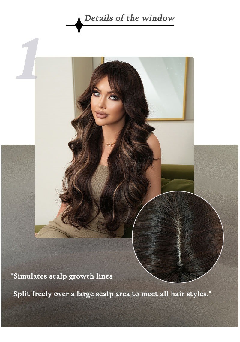 Wig with long curly brown hair with honey gold highlights and a brown base color