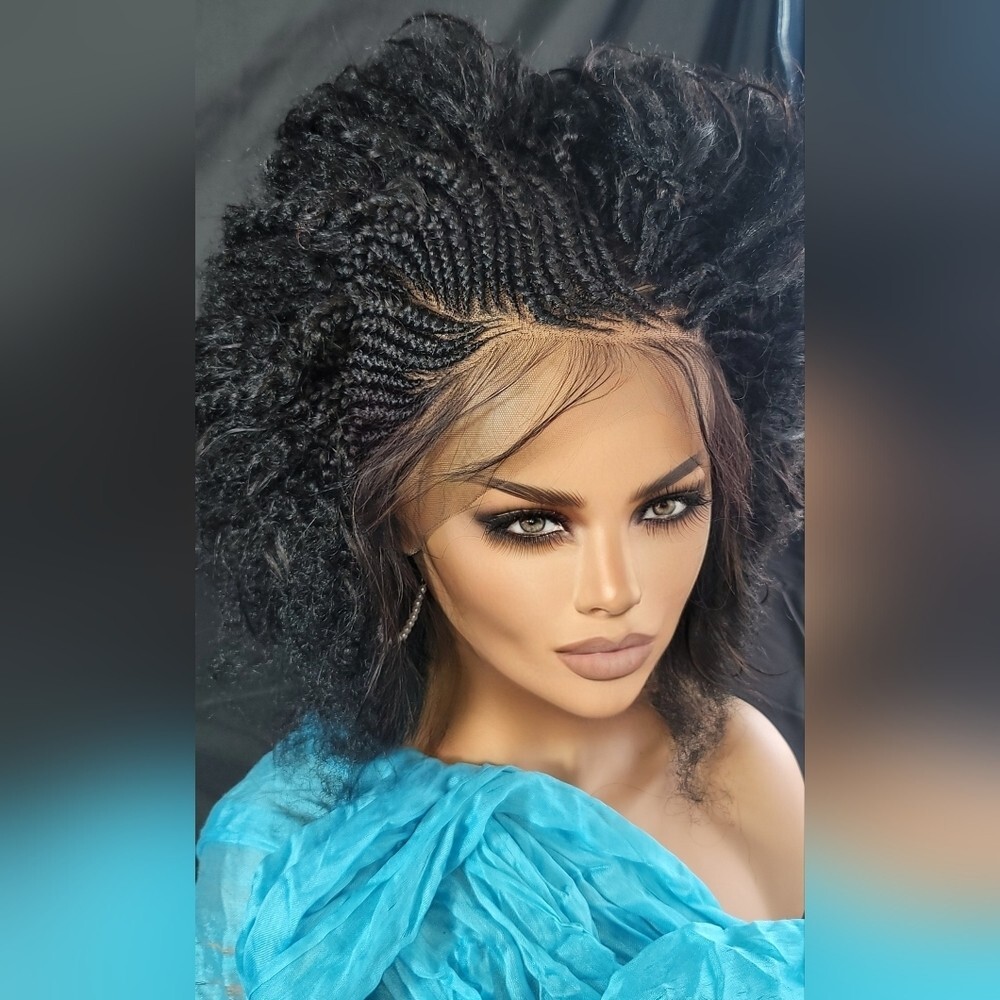 Braided Wig Short Afro Kinky Black Lace Front Glueless Baby Hair 4″ Handmade NWT