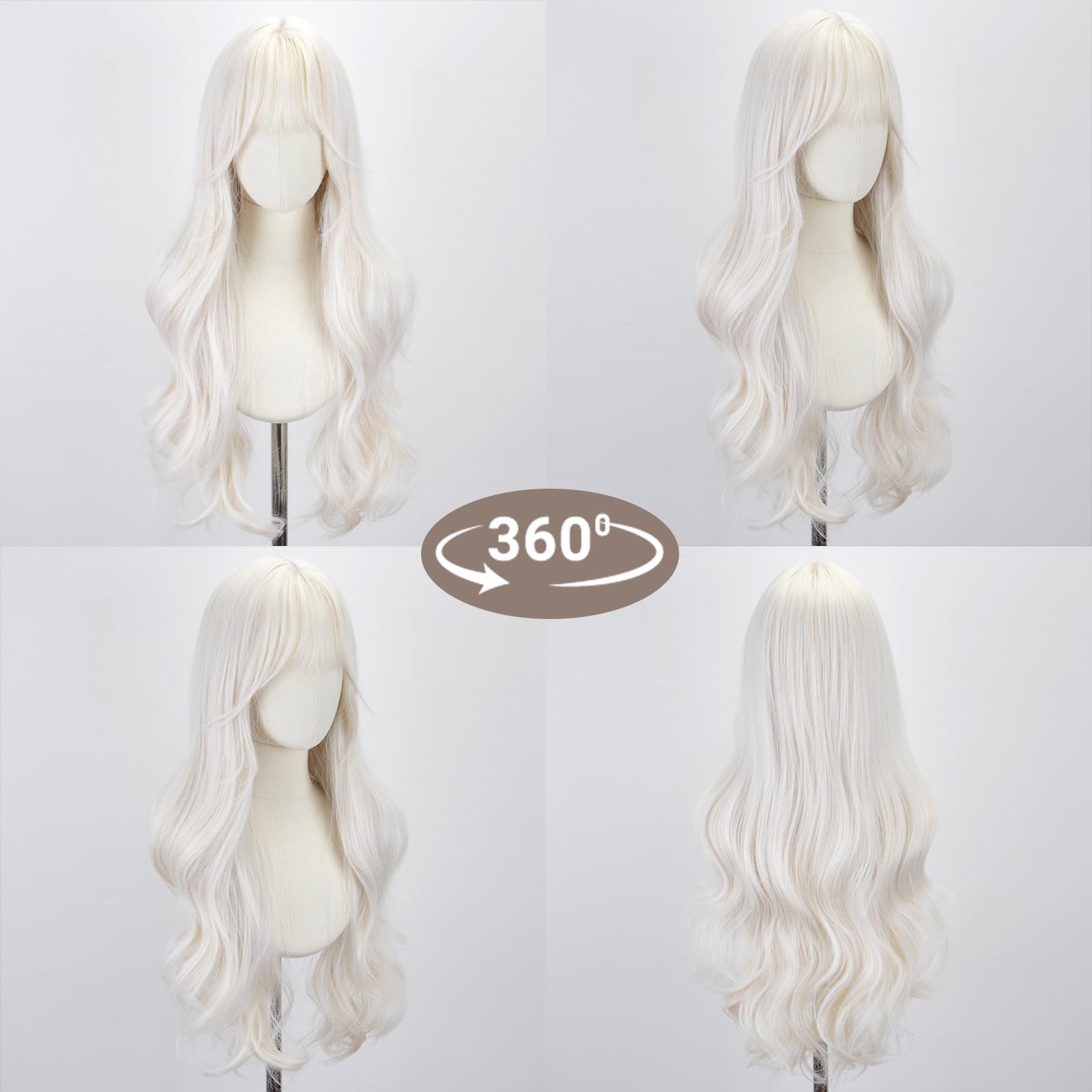 White Wig with Bangs for Women -26 Inch Long Wavy White Wigs Synthetic Heat R…