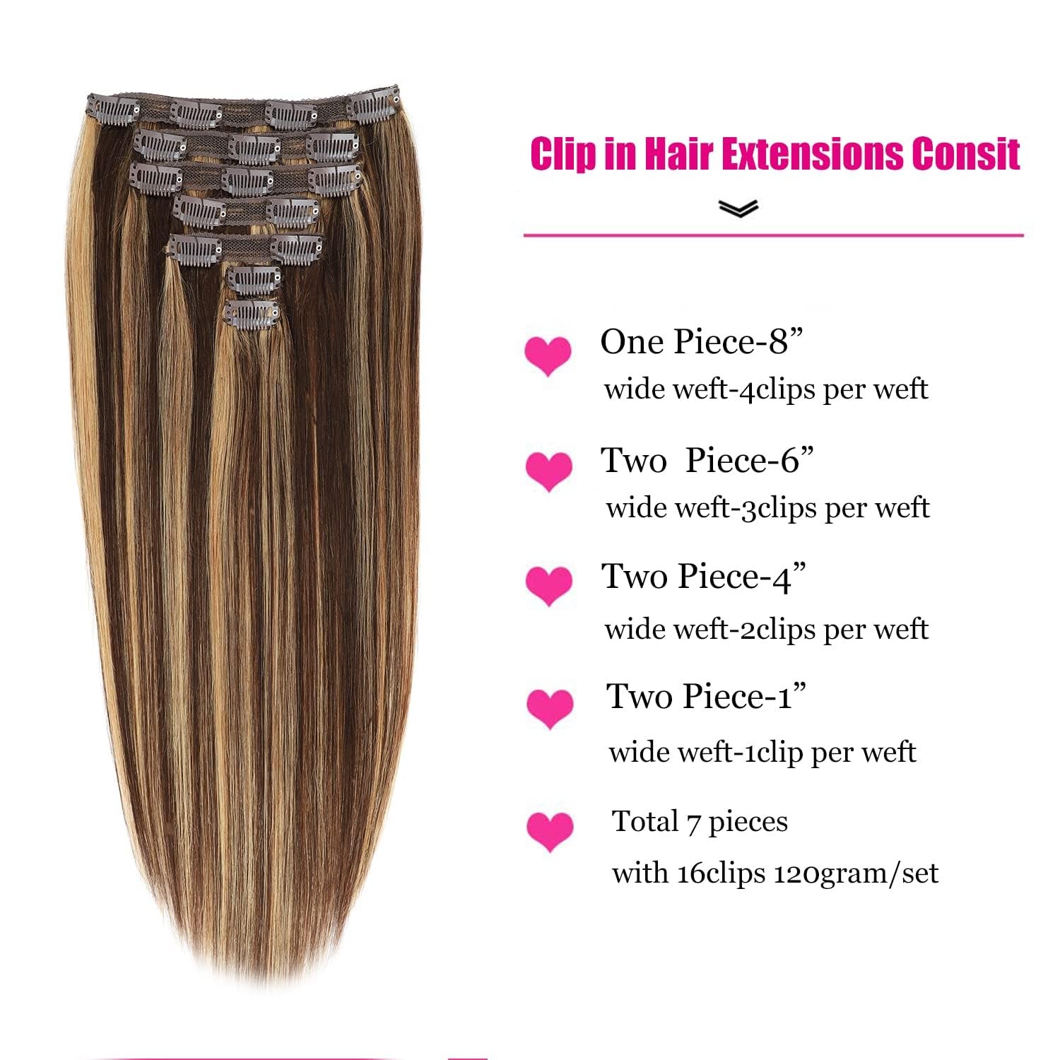 Clip in Hair Extensions Real Human Hair, 120g/set 7pcs, Thick Remy Human Hair…