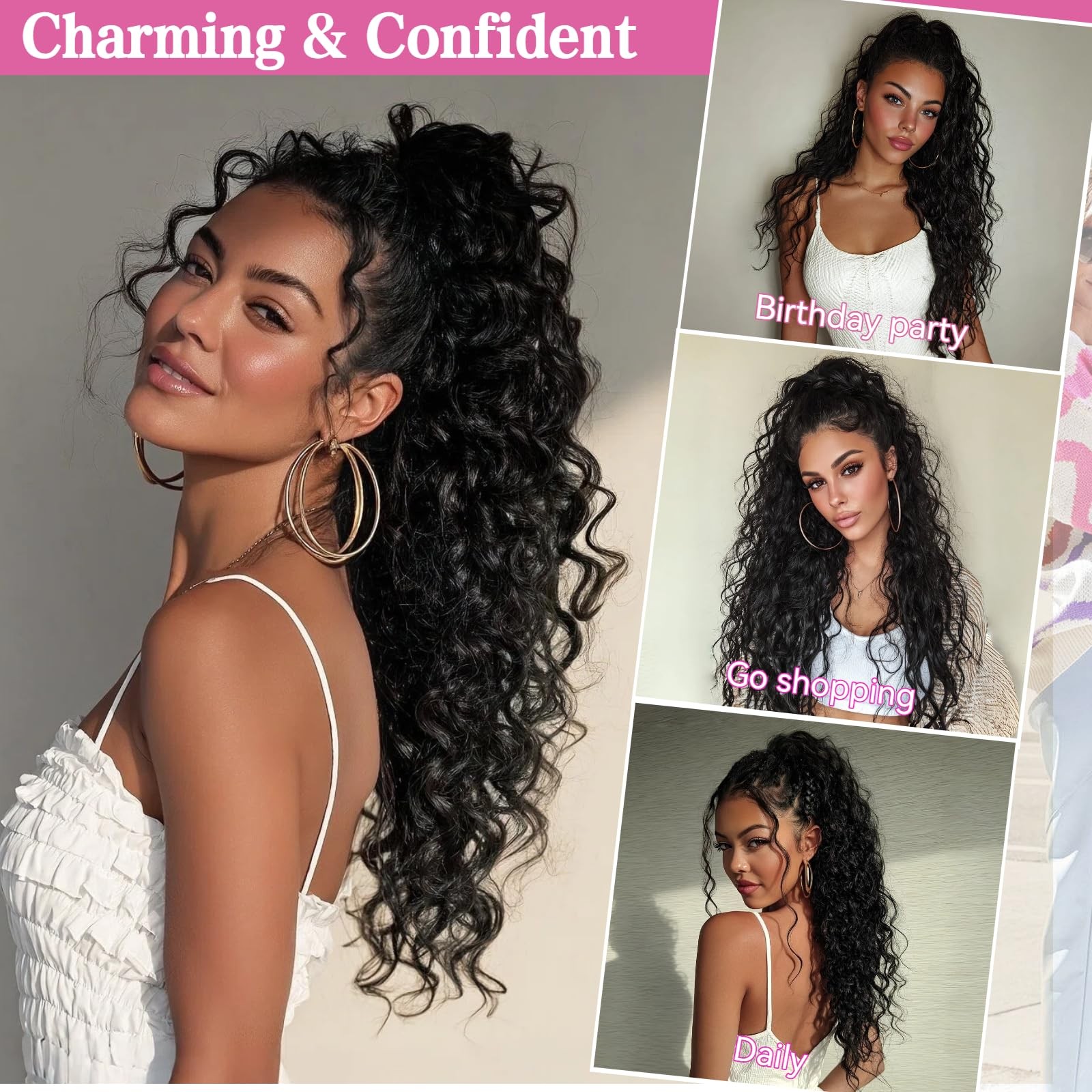 XIXISNOW 30 Inch Long Black Ponytail Extension for Women Curly 30 Inch,