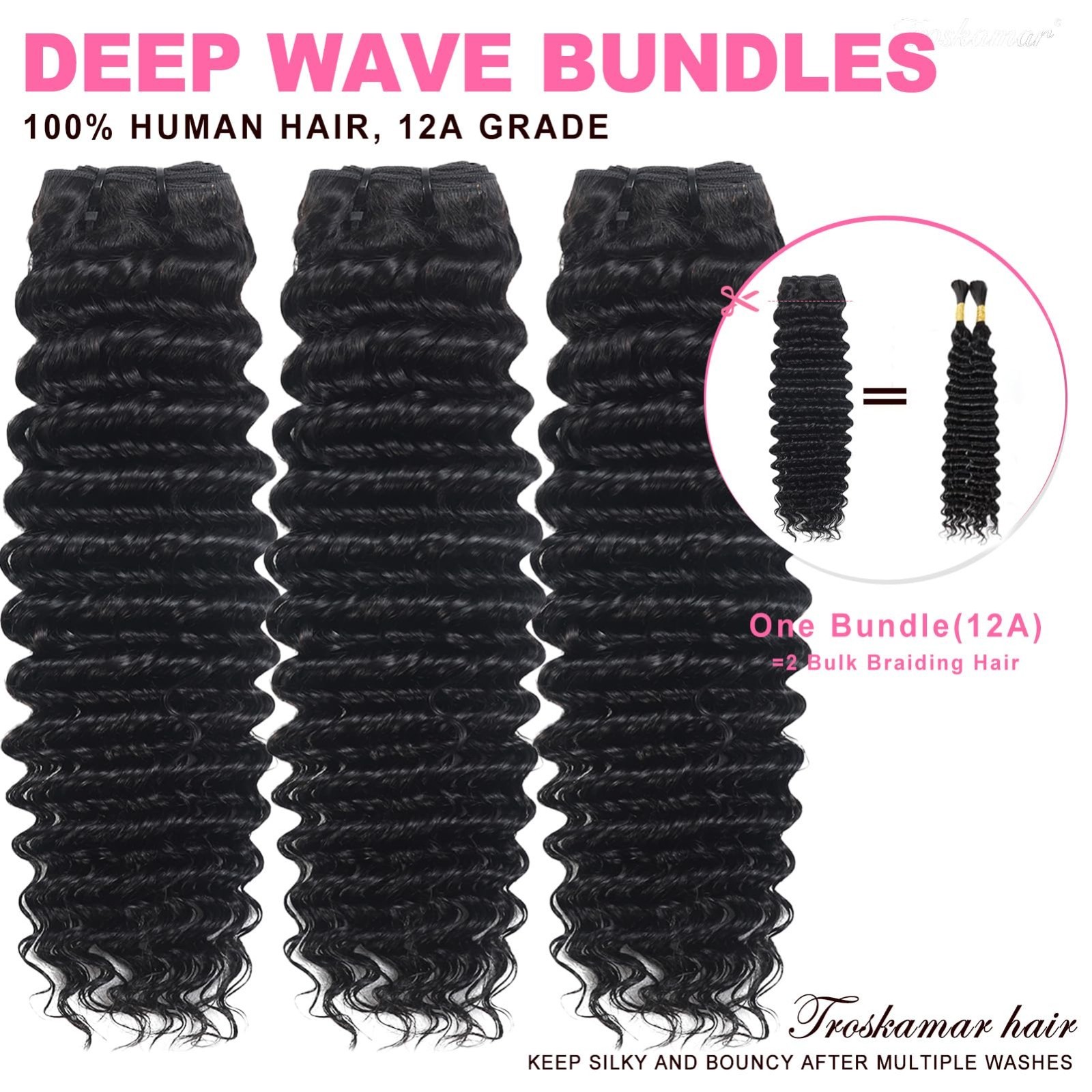 12A Indian Deep Wave Human Hair Bundles – 18/20/22 Inch Curly Wet & Wavy, 100% R