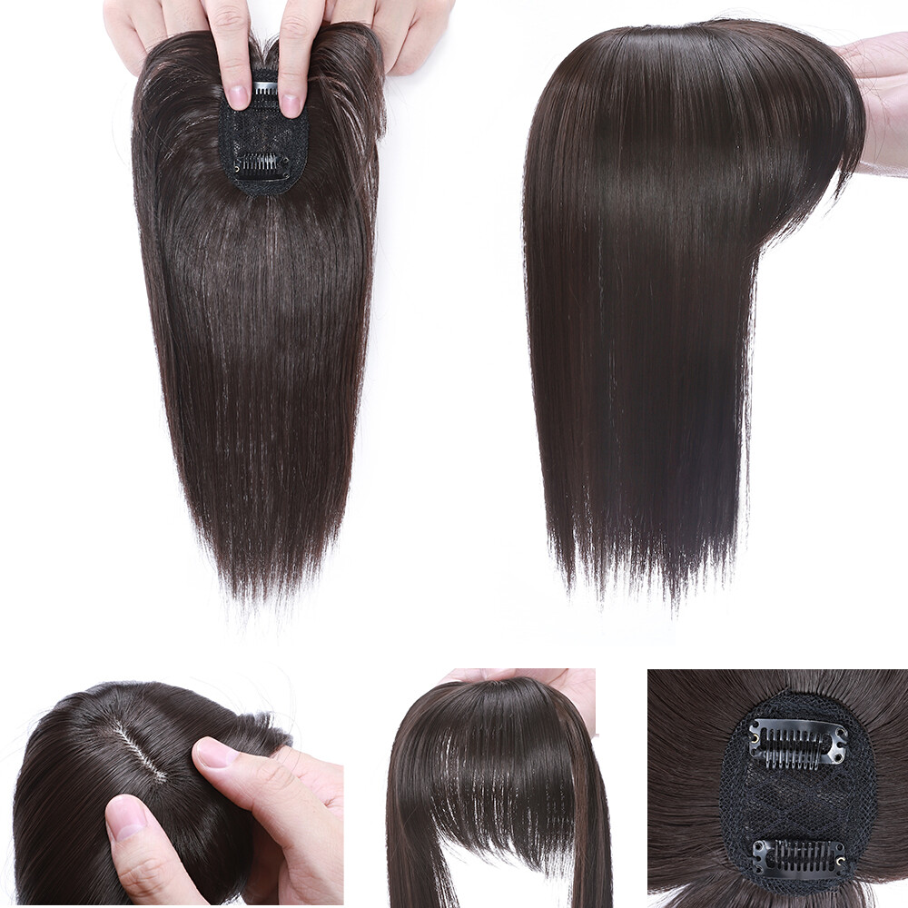 Unisex Real as Human Hair Topper with Bangs Toupee Clip in Hairpiece Top Hair US