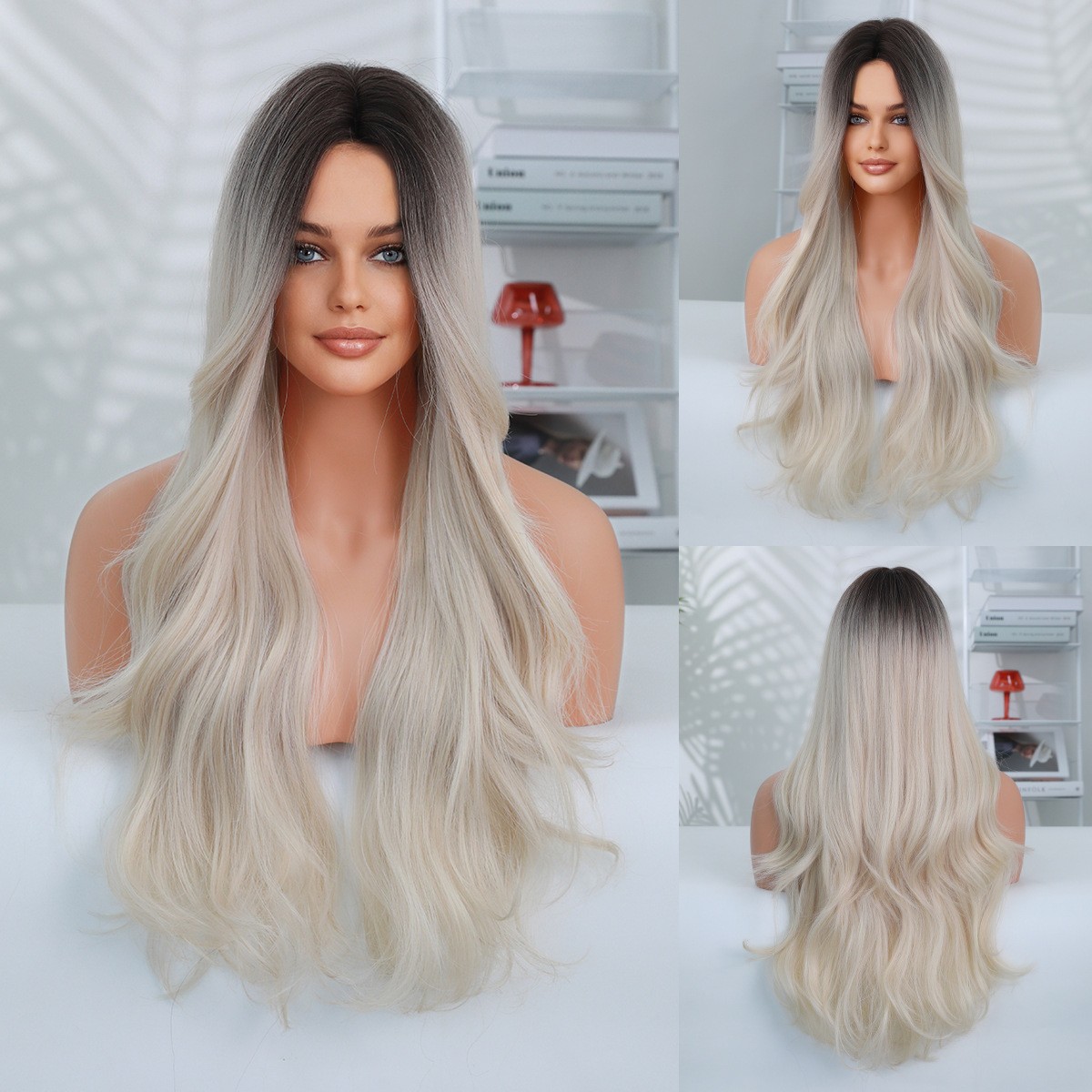 27 Inch Long Curly Wig with Rose Net Cap Breathable Natural Synthetic Full Wig