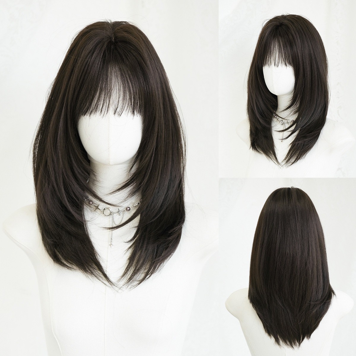 Wig woman black tea-colored shoulder-length straight hair layered wig full head