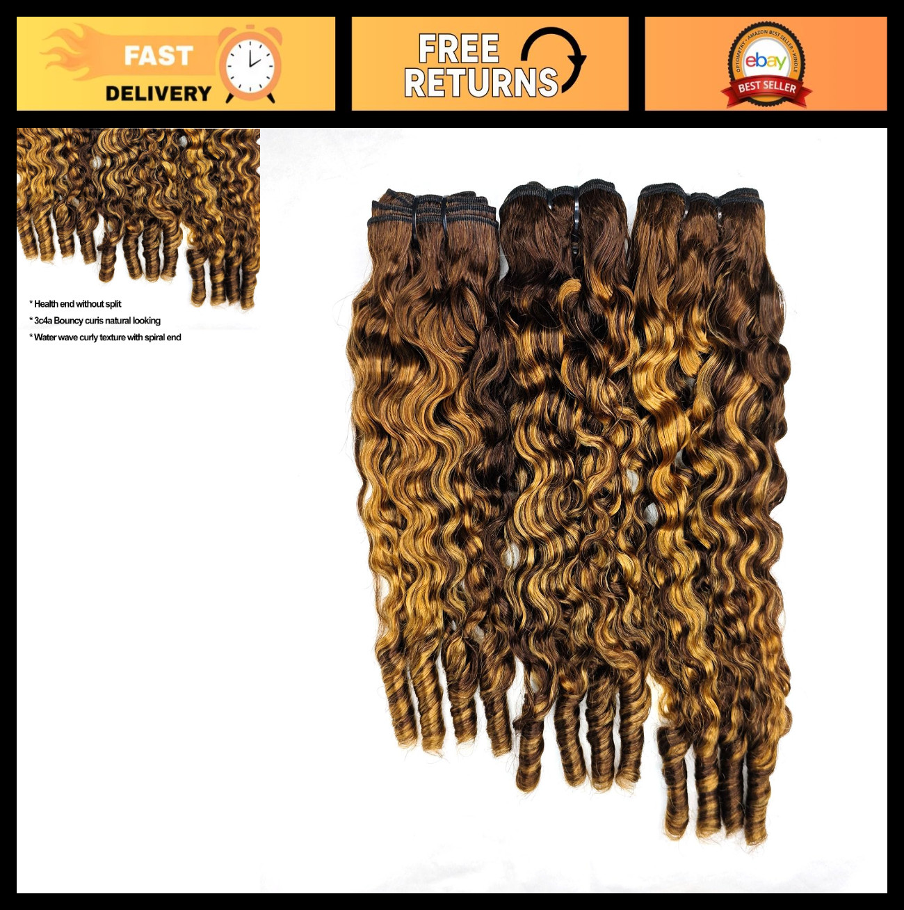 Honey Blonde Ombre Curly Hair Bundles 14-16″ Water Wave Sew-In Extensions 3Pcs