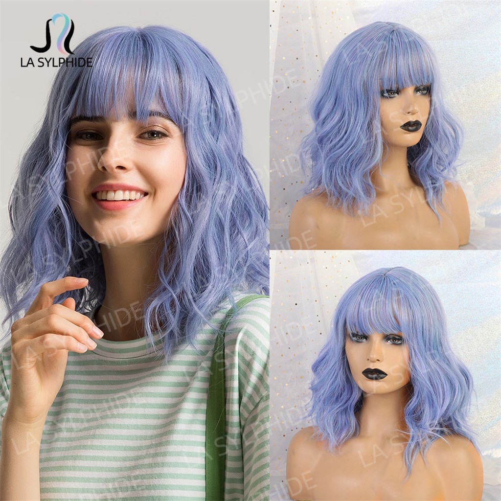 High Crown Brown Short Water Wave Wig with Bangs for Women Multicolor Synthetic