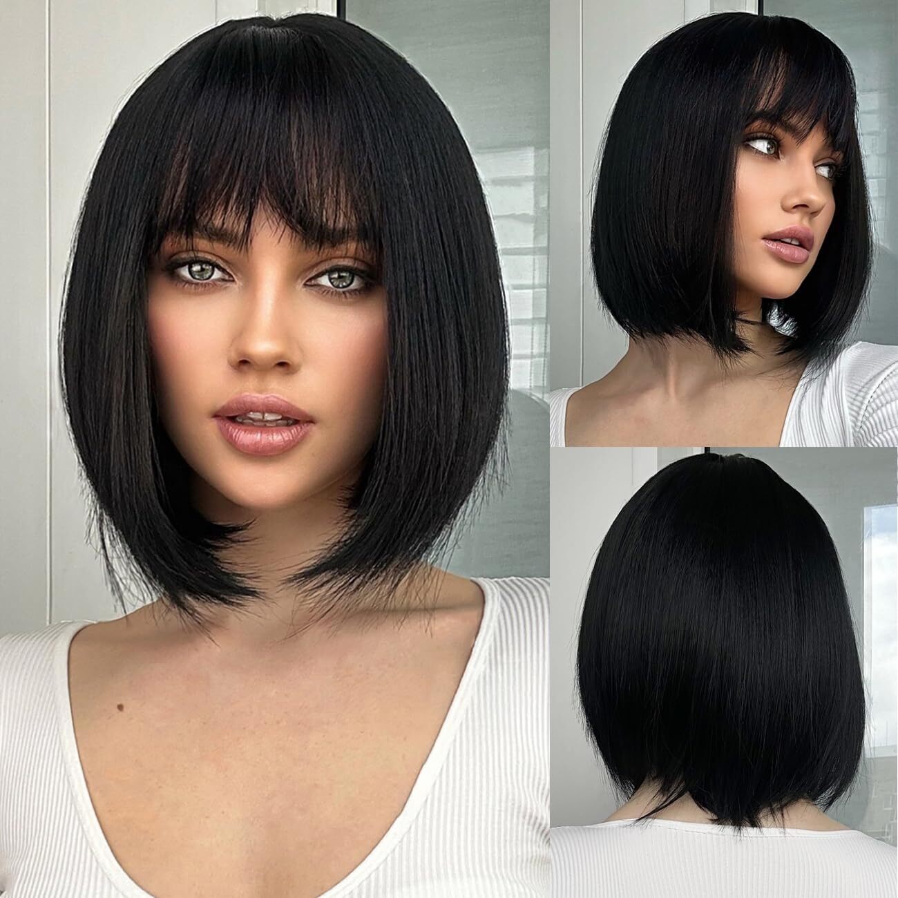 13″ Black Bob Wig with Bangs Short Bob Wigs Women Short Black Wig Heat Daily USA