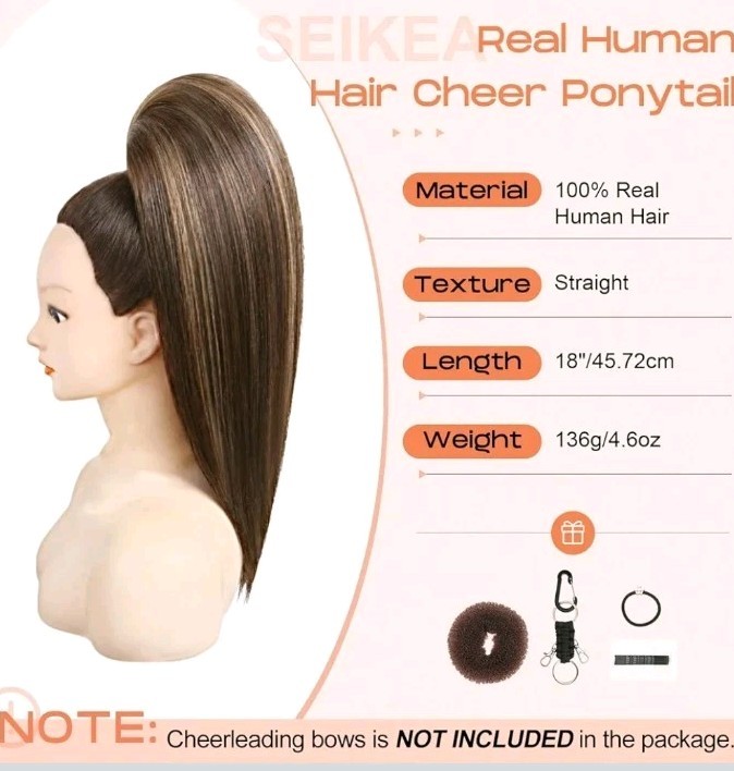 SEIKEA Cheer Ponytail Hair Piece 16″ Straight, Brown with Blonde Highlights