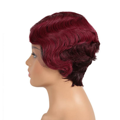 Pixie Cut Finger Wave Human Hair Wigs Lace T-Part Natural Looking Womans Wigs