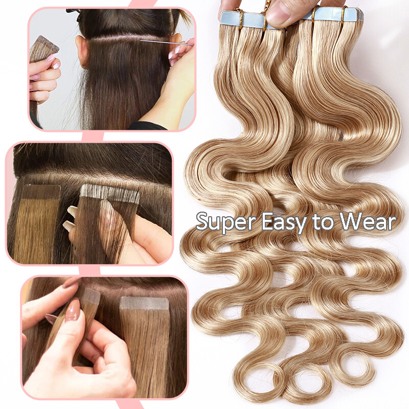 Tape In 100% Remy Human Hair Extensions Invisible Skin Weft Body Wave & Straight