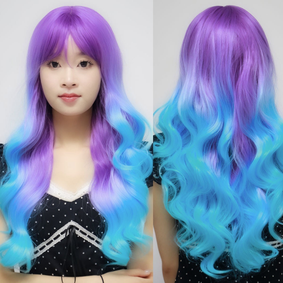 Women Purple Blue Ombre Wavy Wig with Bangs Synthetic Hair Heat Resistant Long