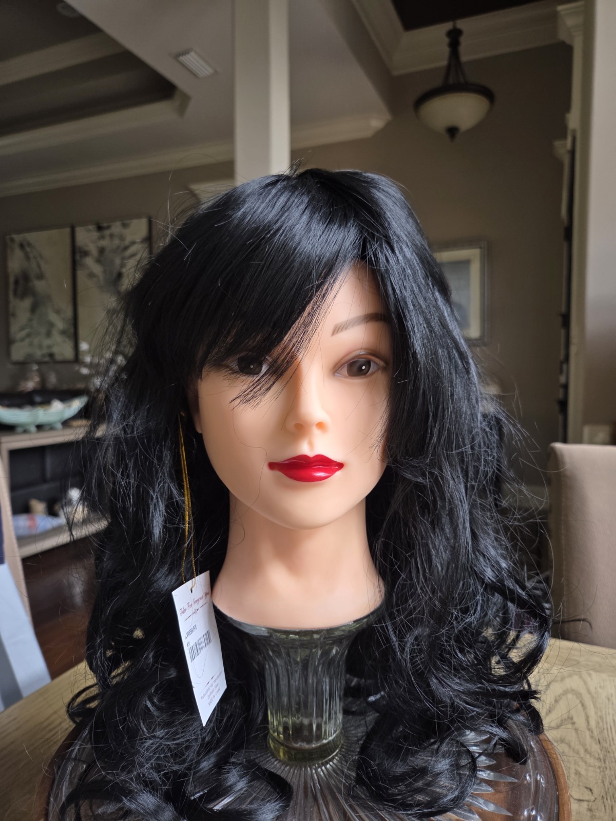 Wig Long Black Tousled Curls Layered With Bangs Jet Black Adjustable New