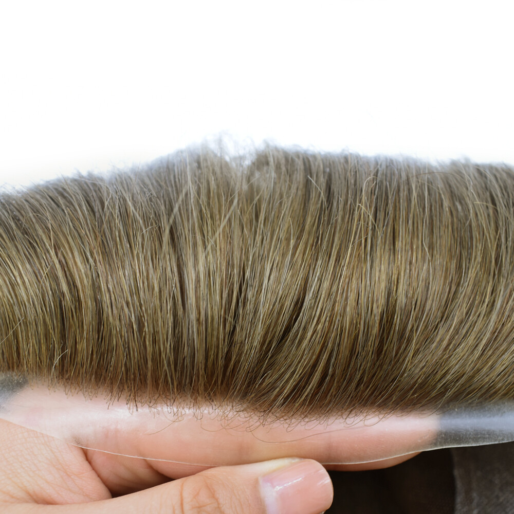 Mens Toupee French Lace Poly PU Hairpiece Wig Soft Human Hair System Replacement