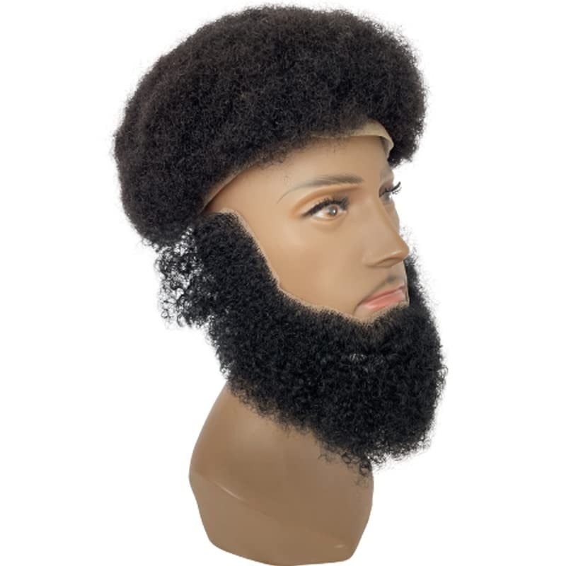 Realistic Human Hair Afro Curl Beard & Mustache System for Black Men – 12×3 Inch