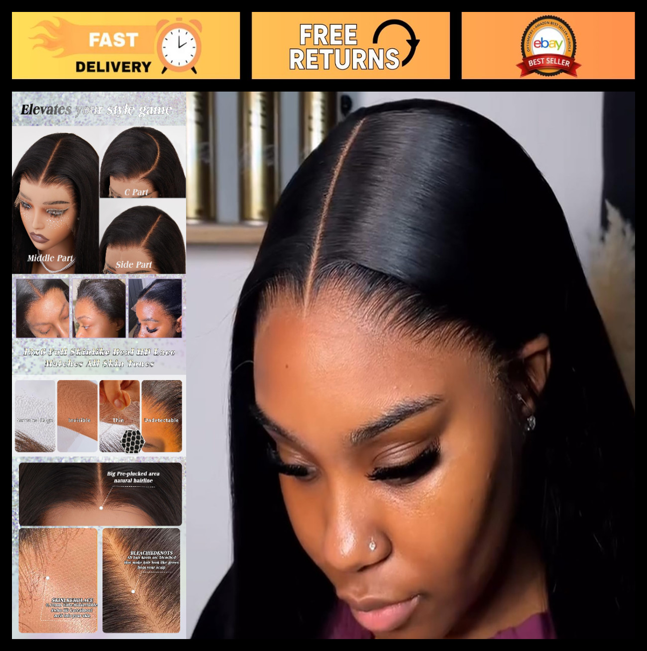 40″ Human Hair Lace Front Wig, 13×6 HD, Pre-Plucked, 200 Density, Ultra-Thin Lac