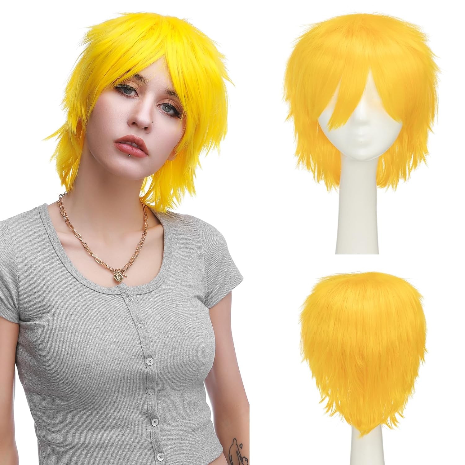 Unisex Short Green Wig Women Men’s Short Layered Fluffy Spiky Wigs with Bangs