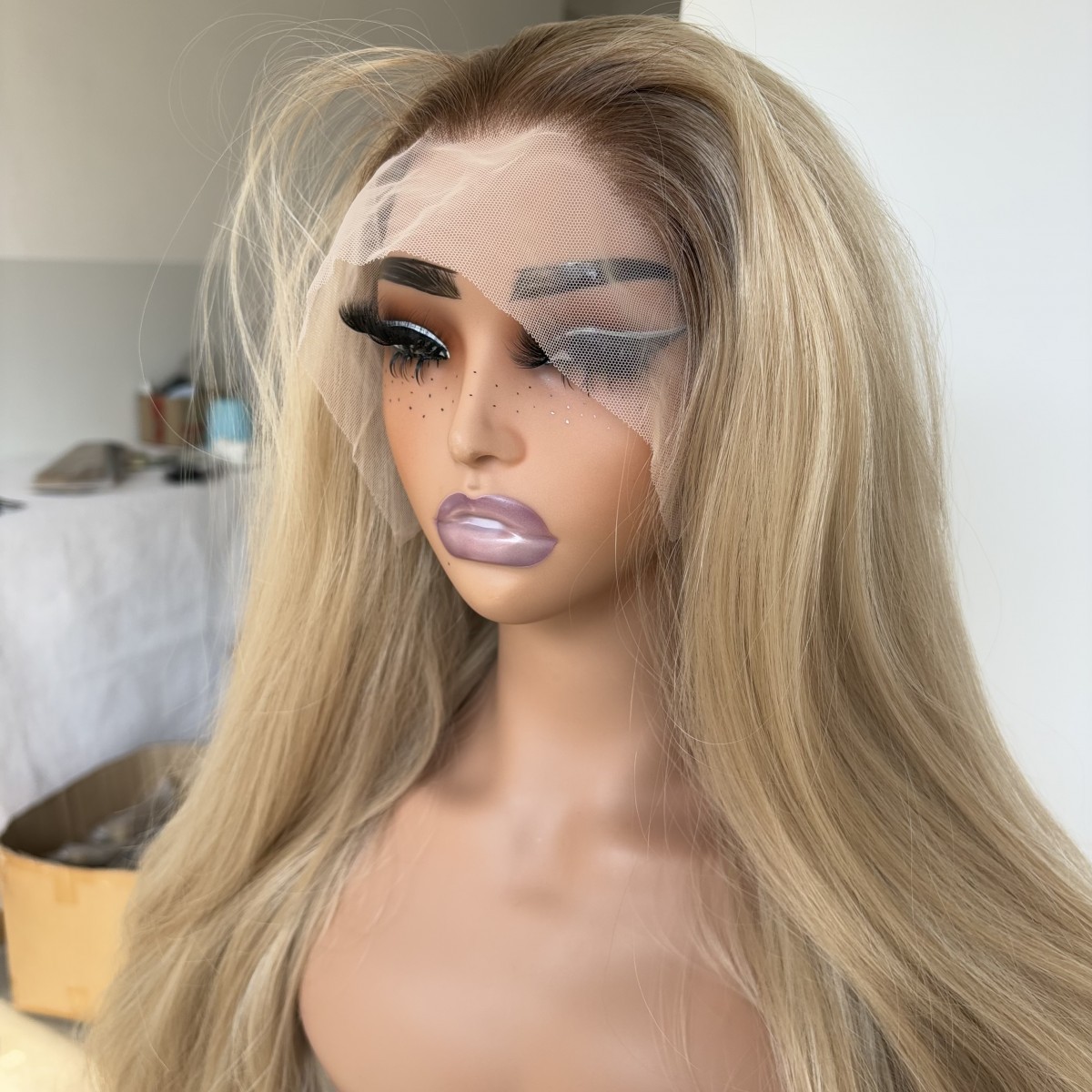 Brown Blonde Heat Resistant Synthetic Hair Long Straight Frontal Lace Wig