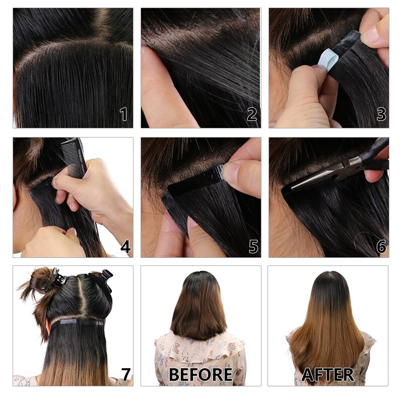 Seamless Hair Extensions Reusable Adhesive Tape 100%Remy Human Hair Balayage 40p