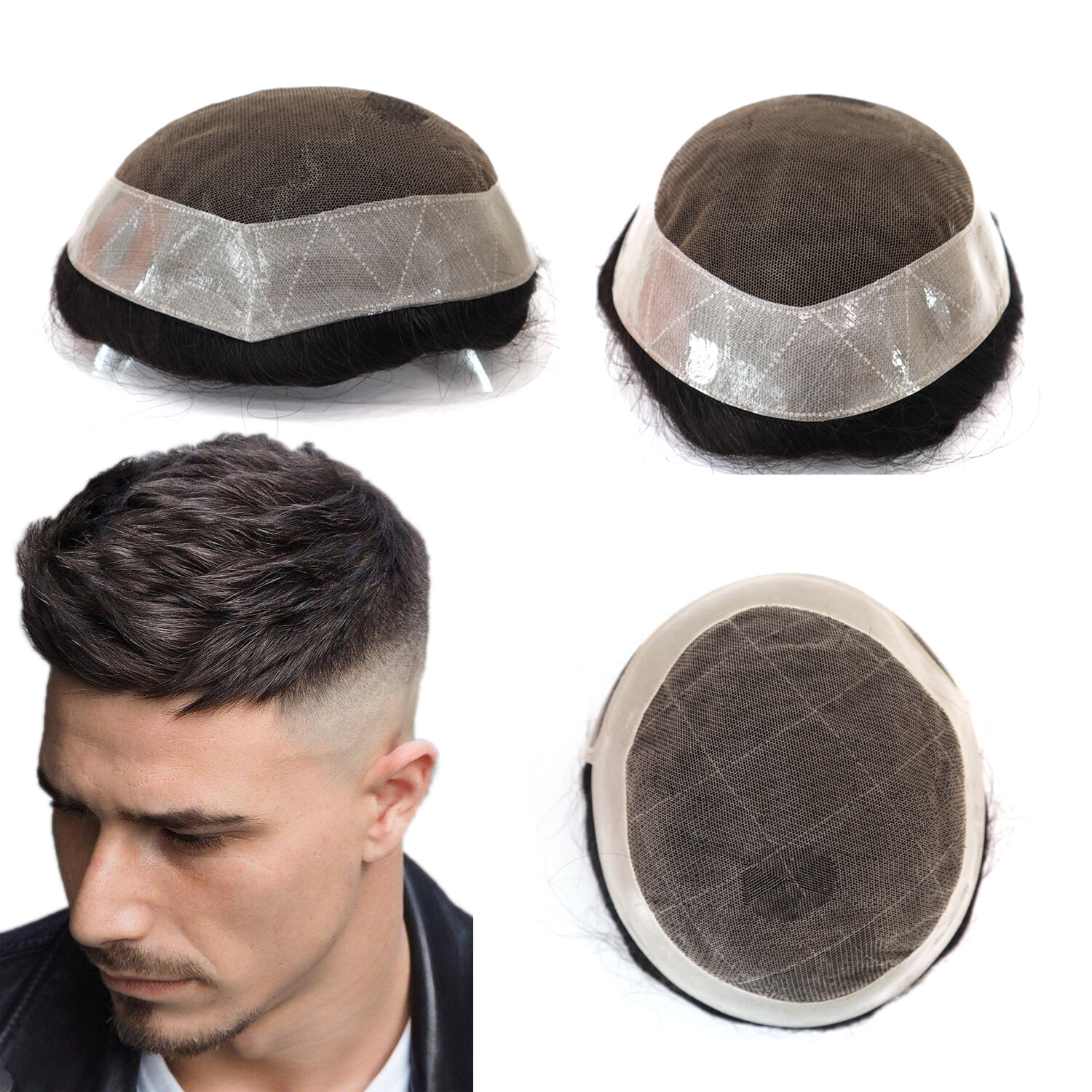 Natural Mens Toupee Human Hair Replacement System French Lace Skin Hairpiece #1B