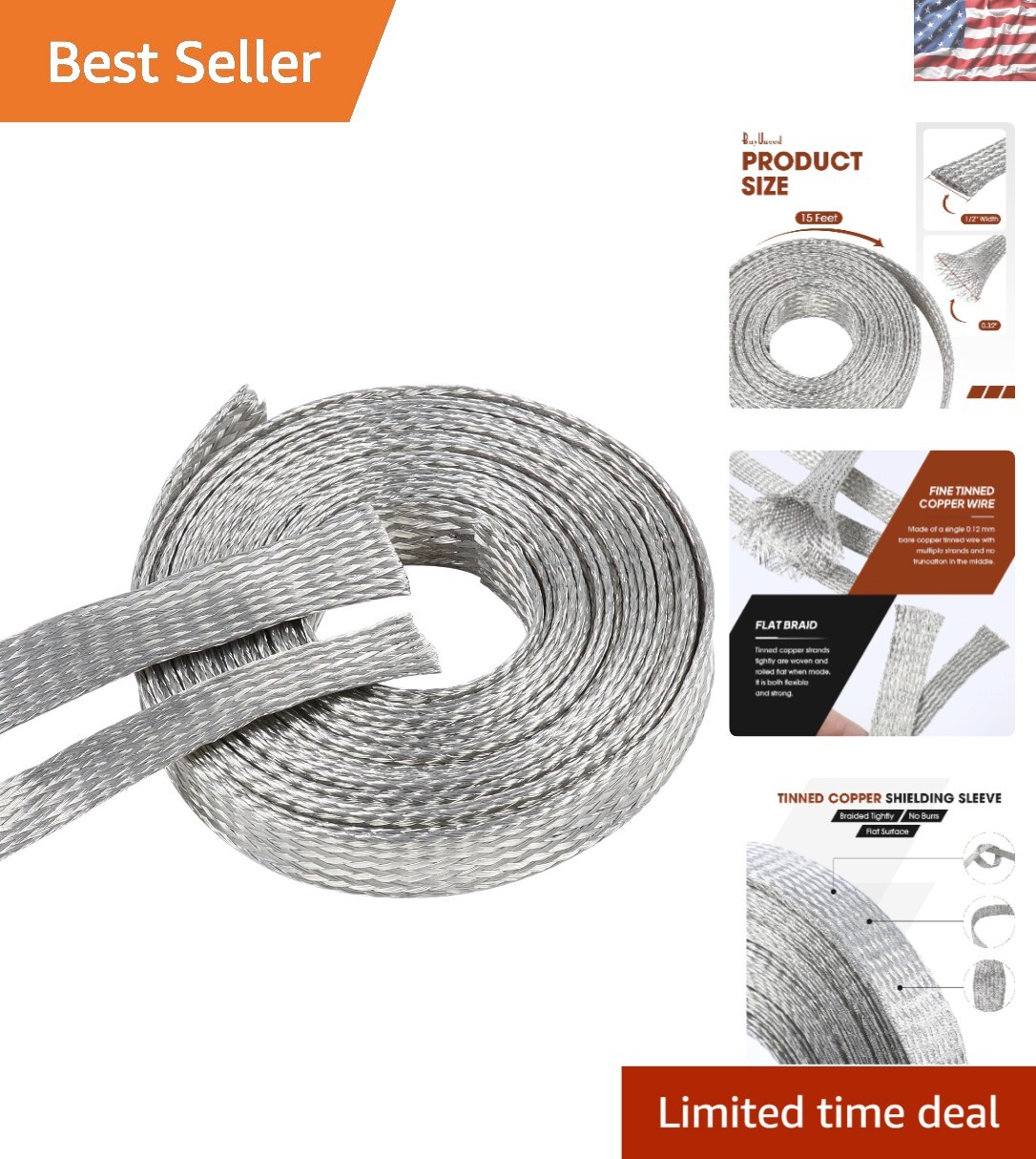 Durable Tinned Copper Braid Straps for Grounding & Shielding – 15ft Expandable