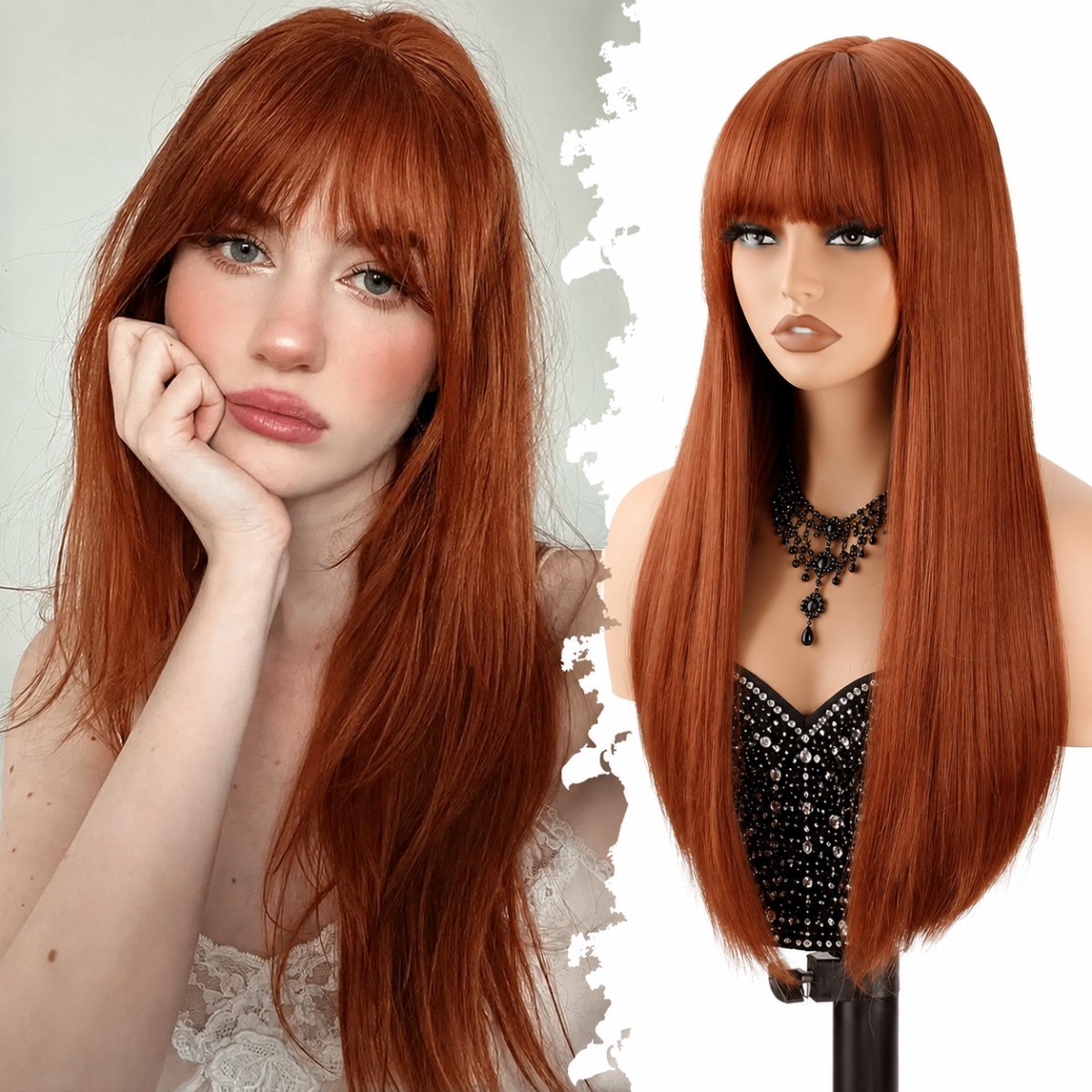 Dress Up Wigs With Fringe Heat Resistant Hair Halloween Copper Red Long Straight