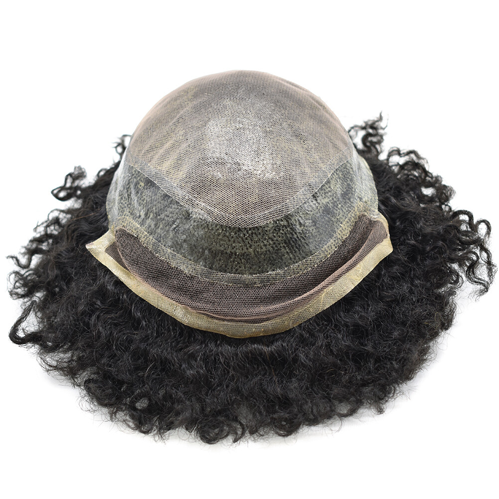 Afro Curl Mens Toupee Lace Front Poly Hairpiece African American Human Hair Unit