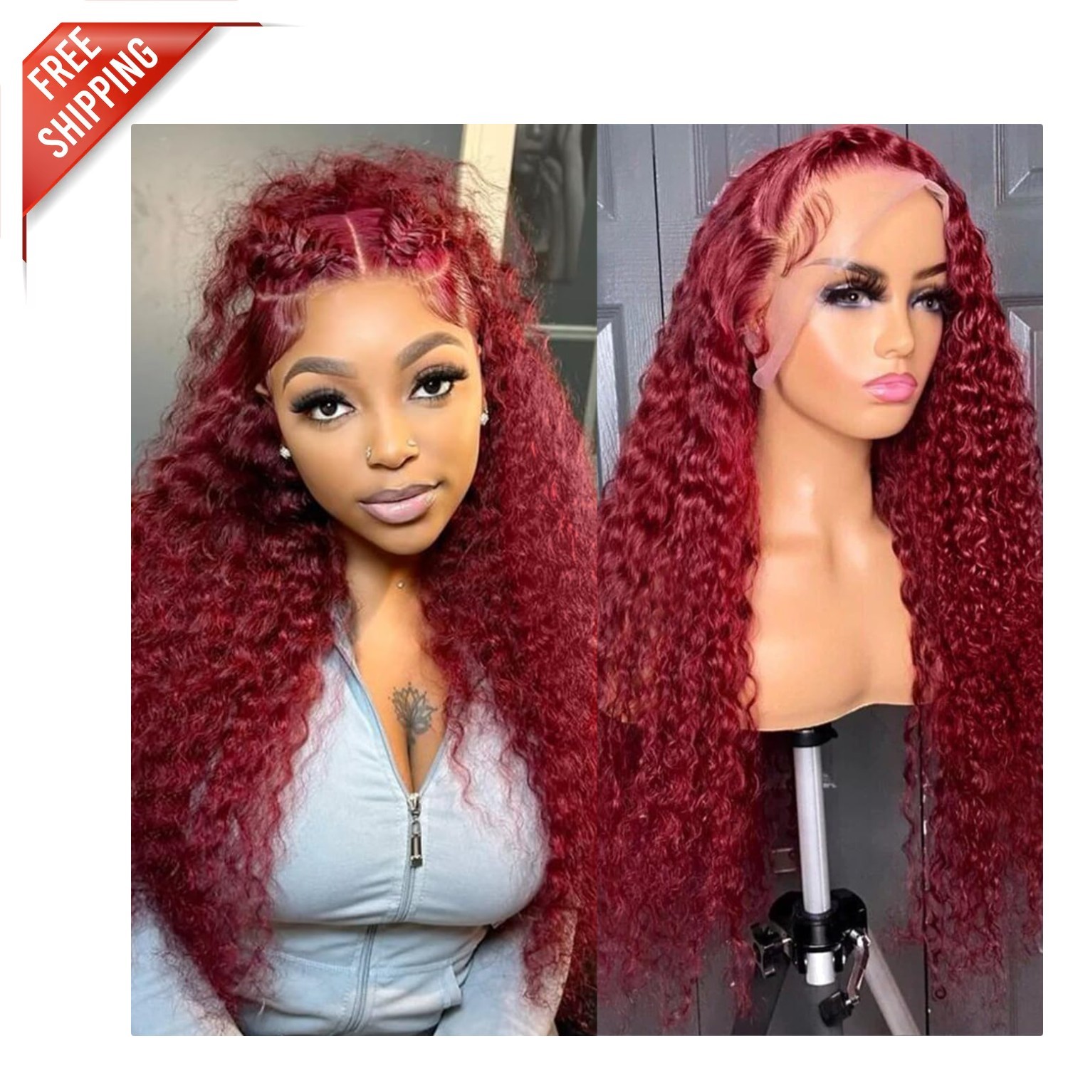 30 Inch Burgundy Human Hair Wig – 13×6 Lace Front Deep Wave Style