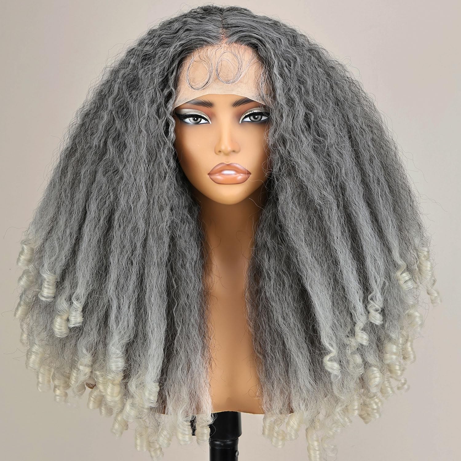 Afro Kinky Straight Lace Front Grey Wig 20 Inch T Part Salt and Pepper Wigs f…
