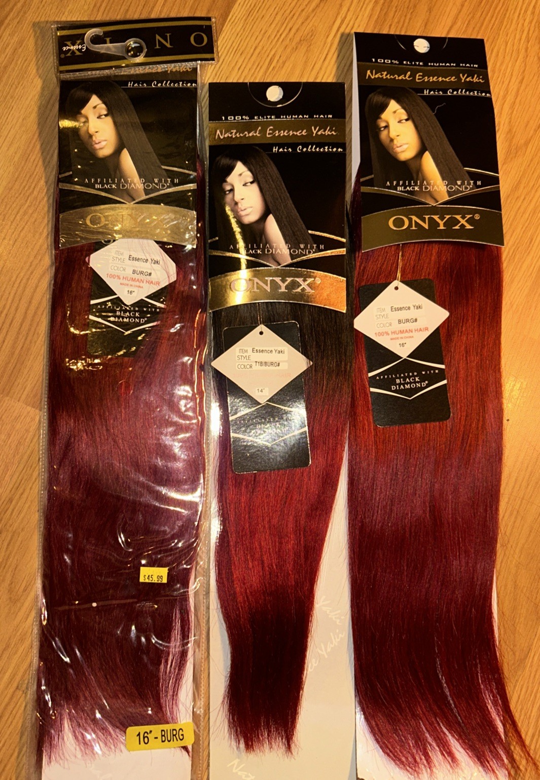 100% Human Hair Ext. ONYX Black 14” & 16”inch. Color Burg/Black. 3packs For $85