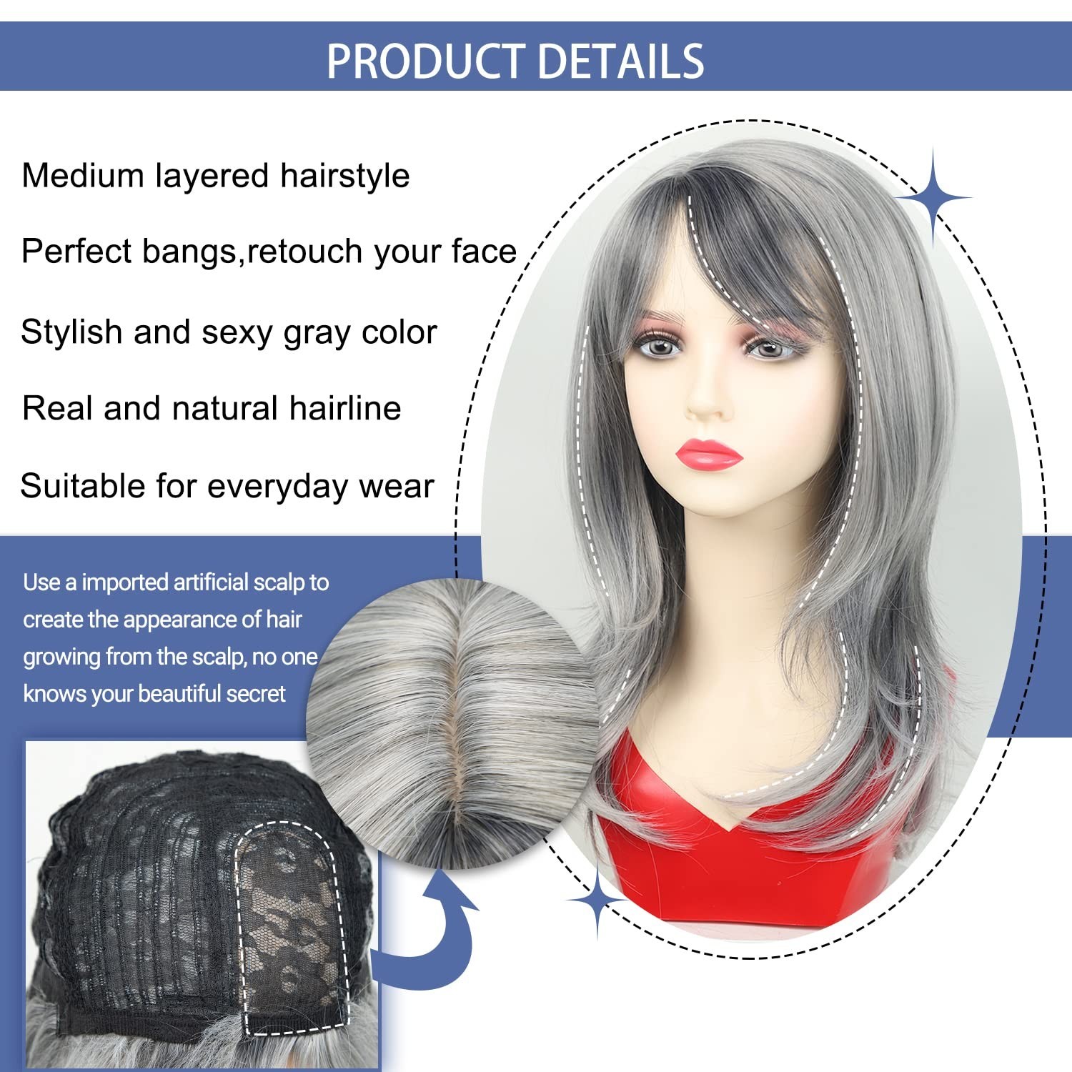 Silver Grey Wavy Wig for Women Medium Length with Bangs and Adjustable Straps